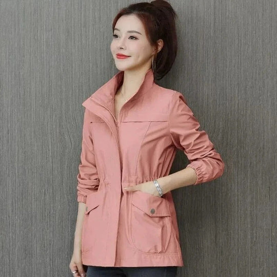 Women's lightweight trench jacket with stand collar and flap pockets