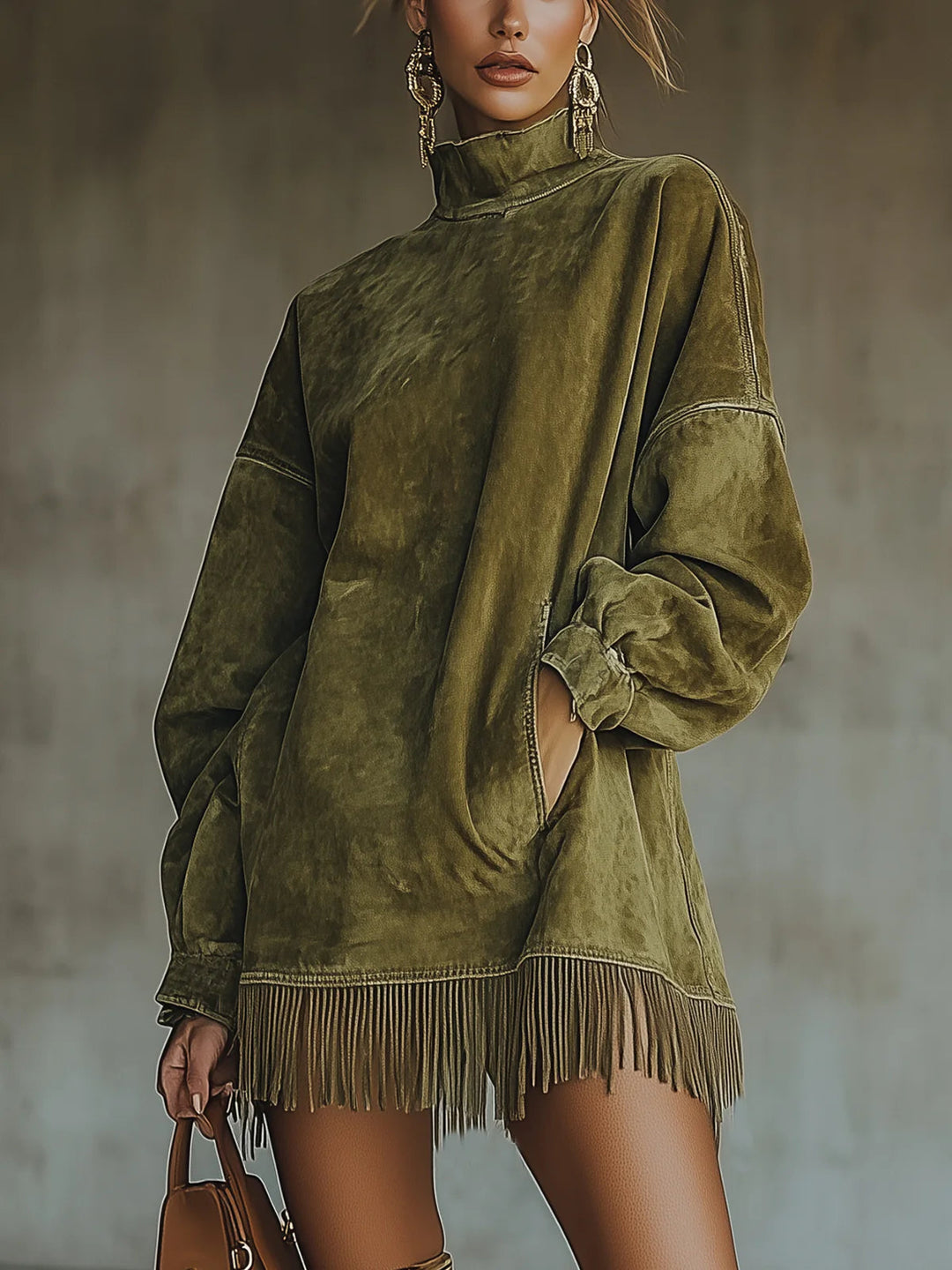 Women's faux suede turtleneck mini dress with long sleeves and fringe hem