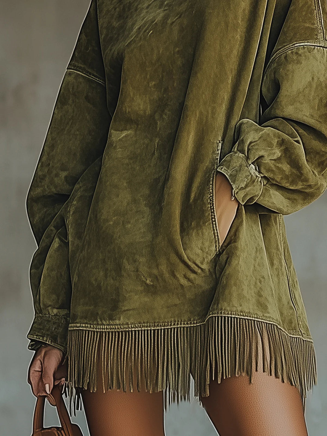 Women's faux suede turtleneck mini dress with long sleeves and fringe hem