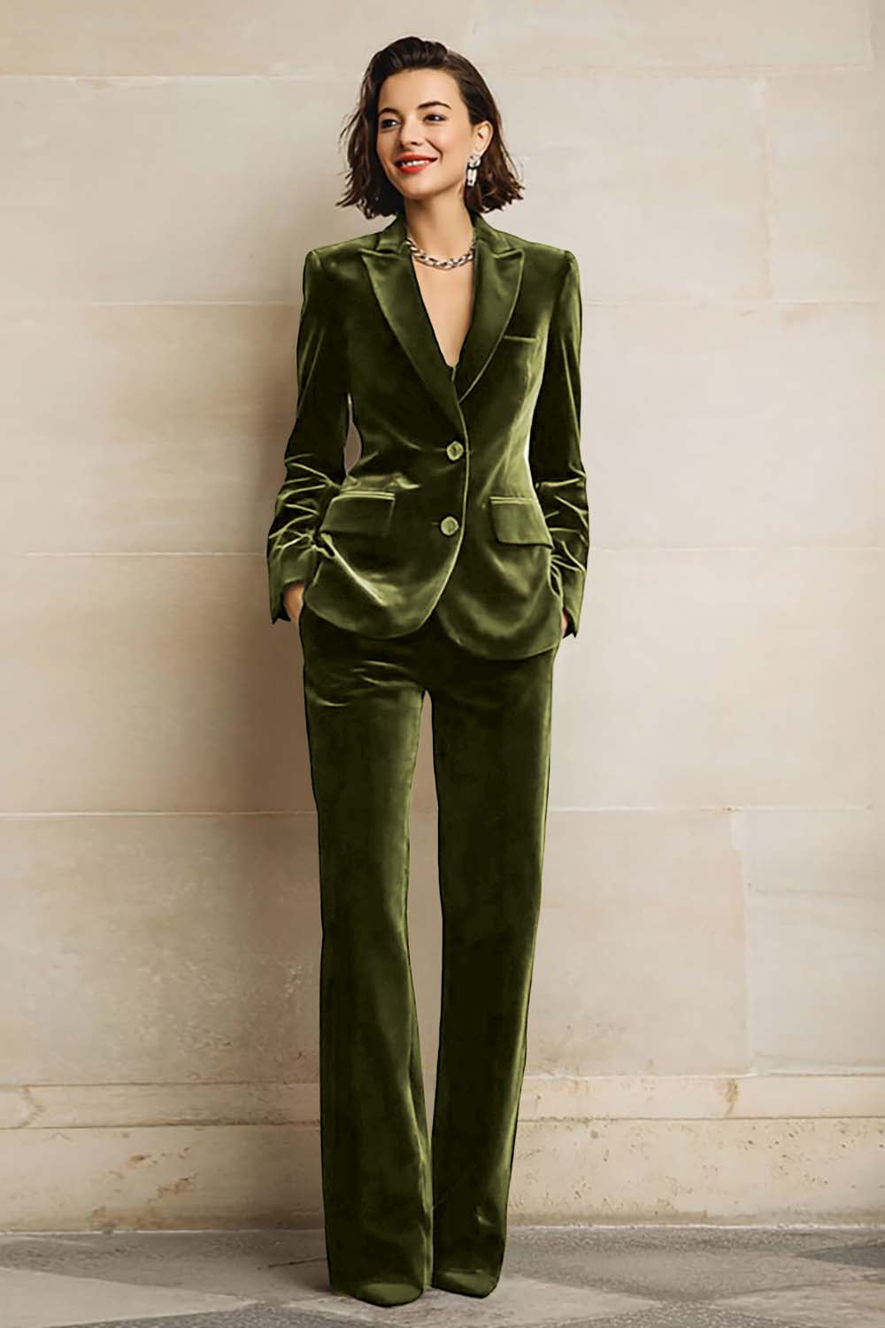 Women's velvet two-piece suit with peak-lapel blazer and wide-leg trousers