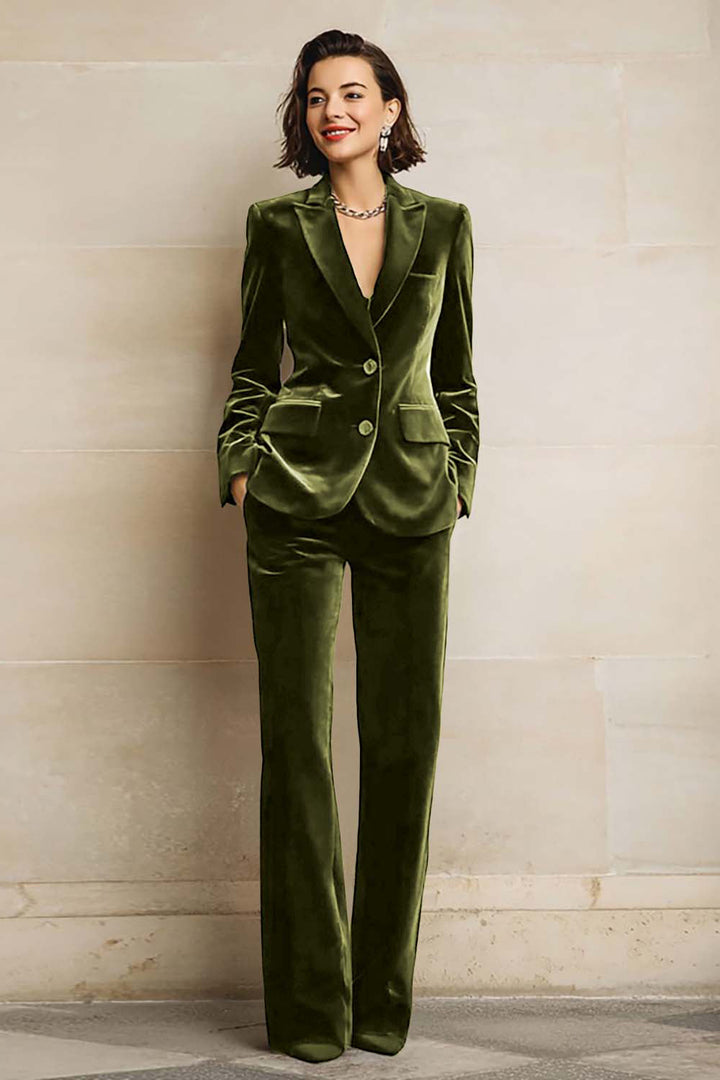 Women's velvet two-piece suit with peak-lapel blazer and wide-leg trousers