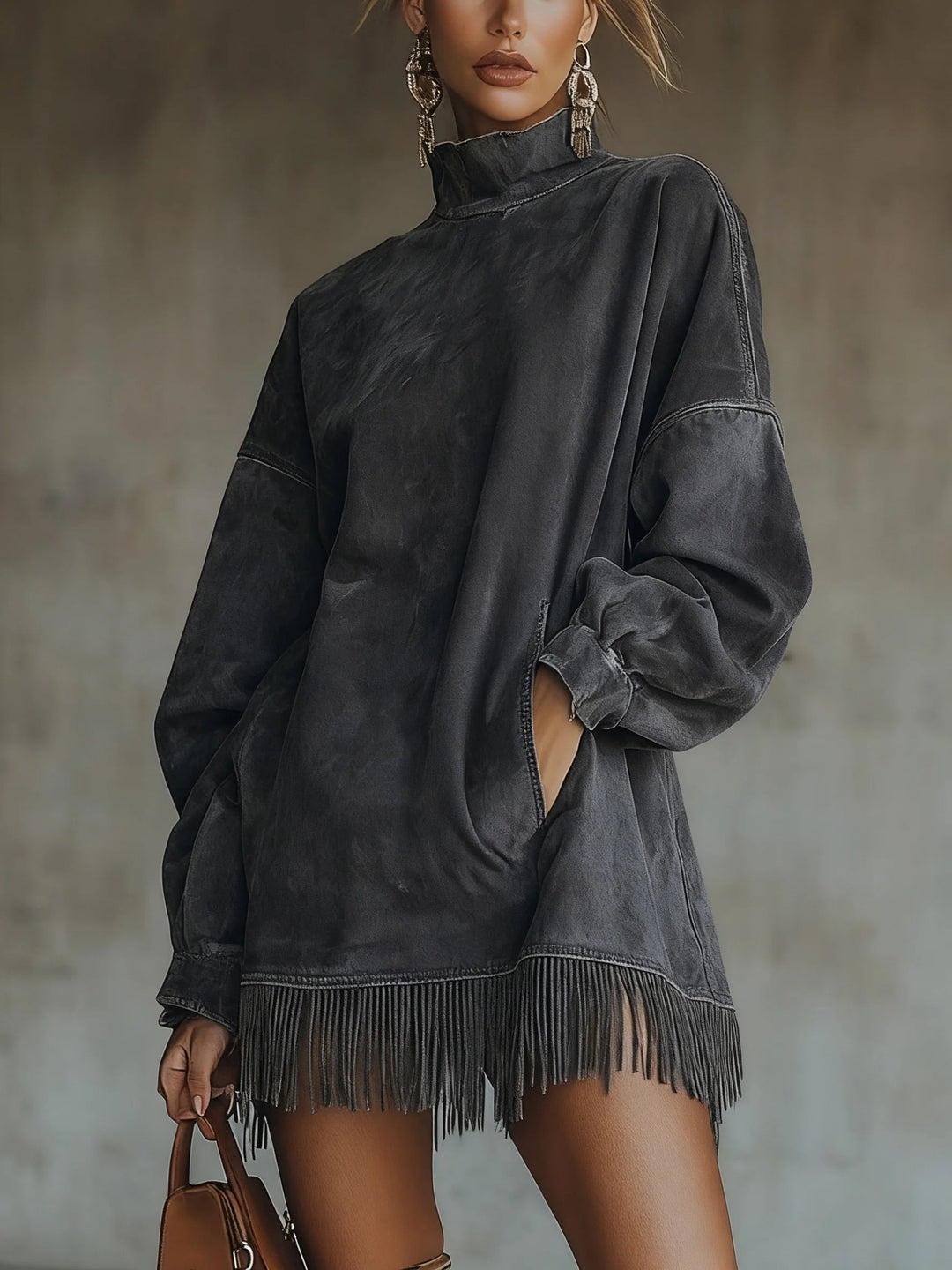 Women's faux suede turtleneck mini dress with long sleeves and fringe hem