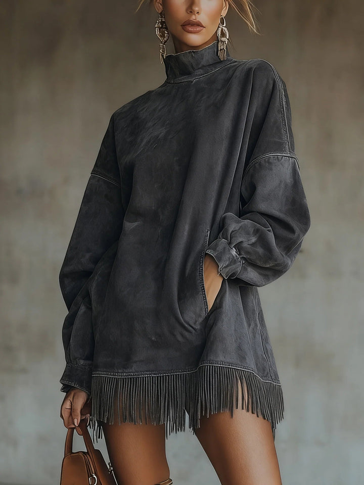Women's faux suede turtleneck mini dress with long sleeves and fringe hem