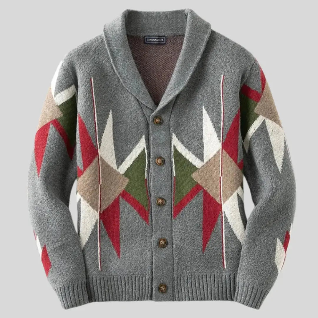 Men's grey geometric jacquard cardigan with shawl collar and button front