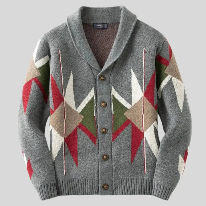 Men's grey geometric jacquard cardigan with shawl collar and button front