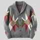 Men's grey geometric jacquard cardigan with shawl collar and button front