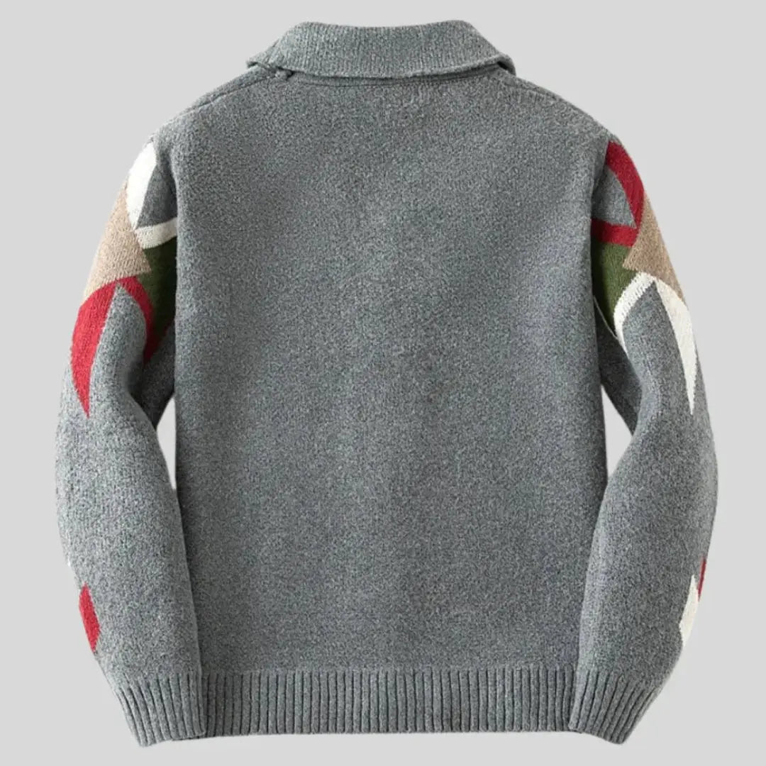 Men's grey geometric jacquard cardigan with shawl collar and button front