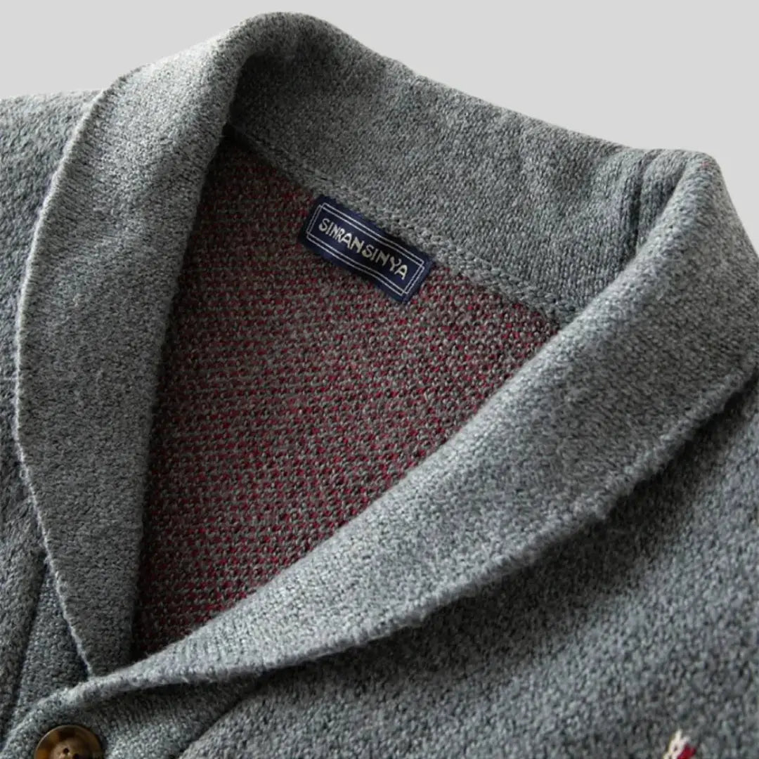 Men's grey geometric jacquard cardigan with shawl collar and button front