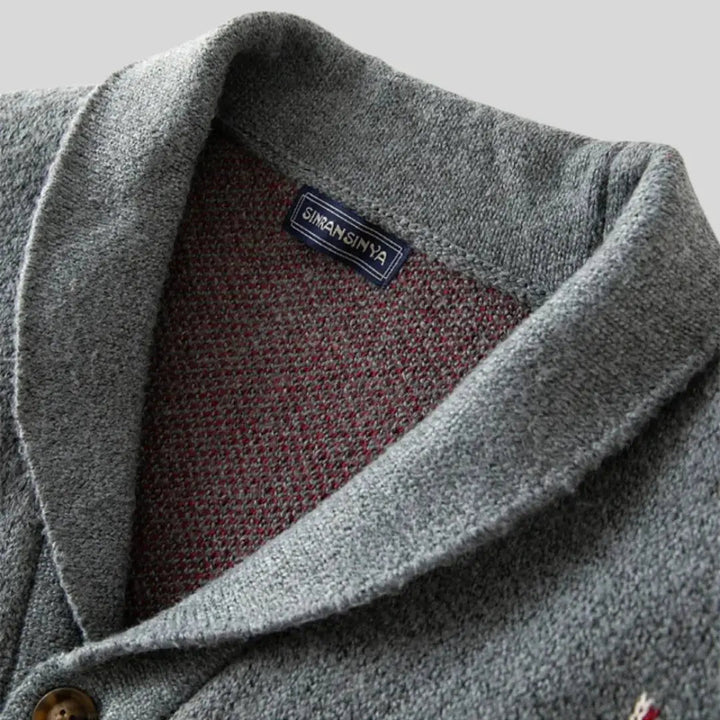 Men's grey geometric jacquard cardigan with shawl collar and button front