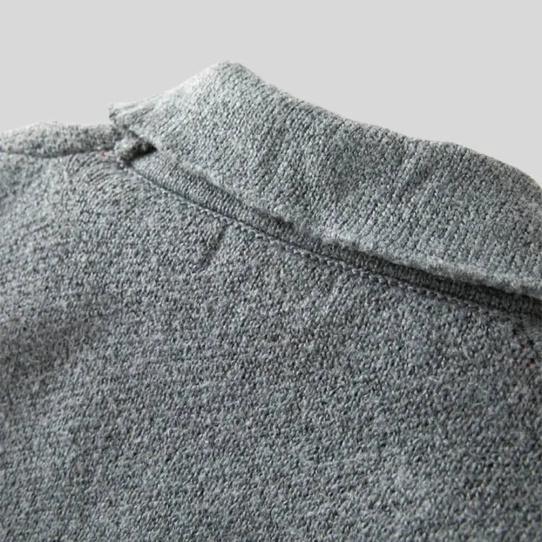 Men's grey geometric jacquard cardigan with shawl collar and button front