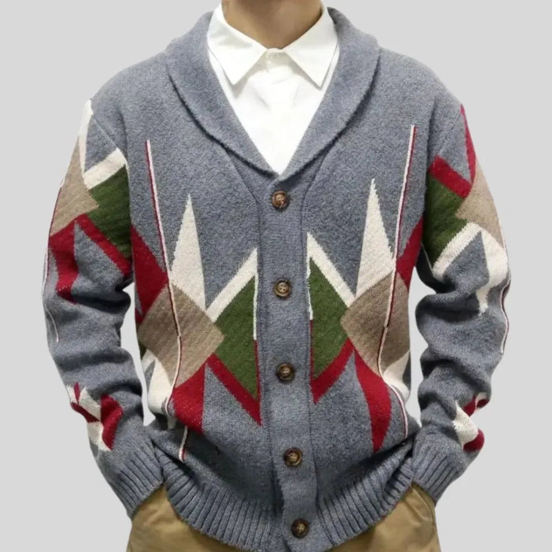 Men's grey geometric jacquard cardigan with shawl collar and button front