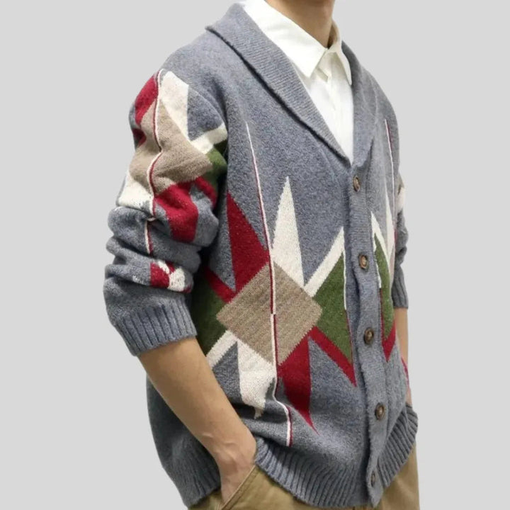Men's grey geometric jacquard cardigan with shawl collar and button front