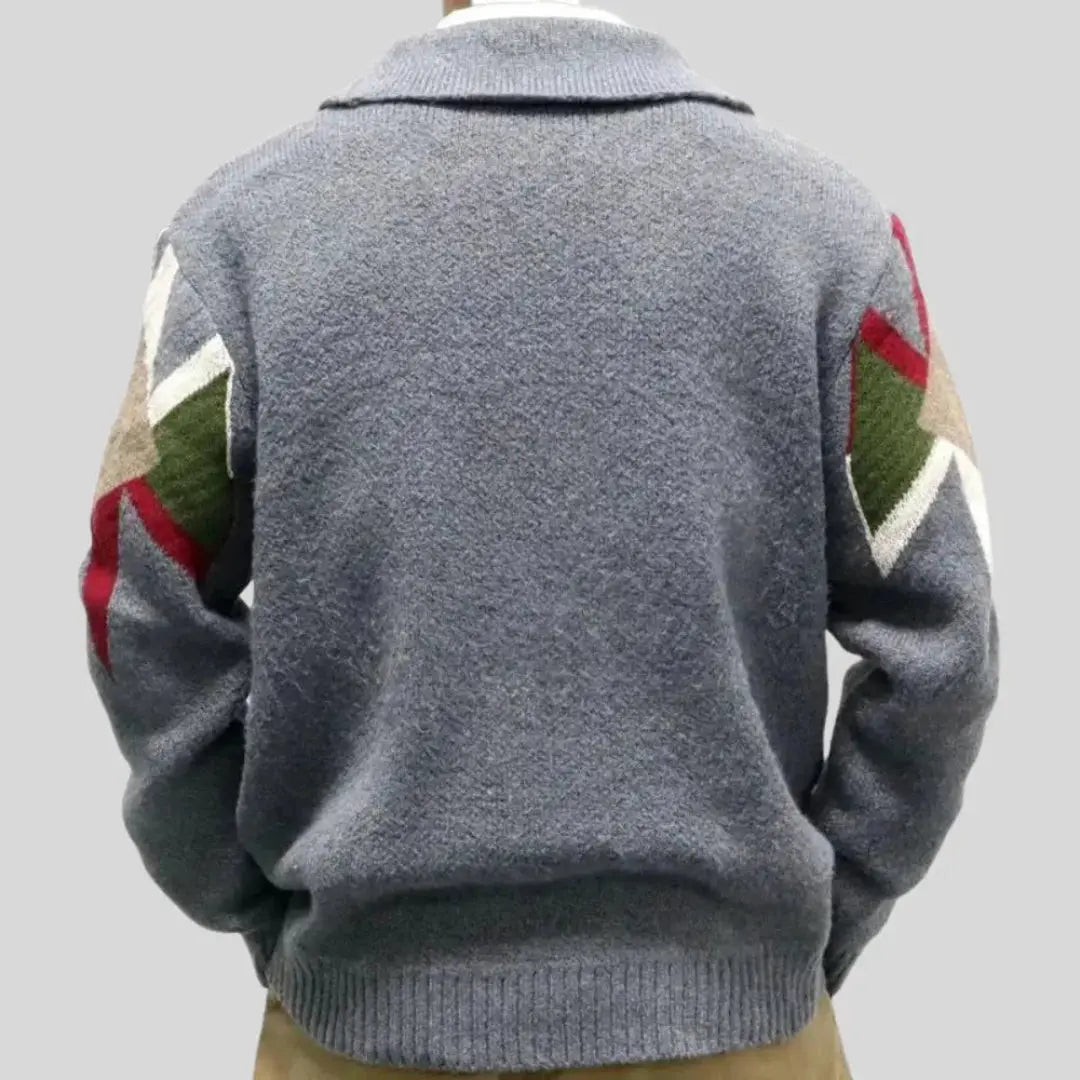 Men's grey geometric jacquard cardigan with shawl collar and button front