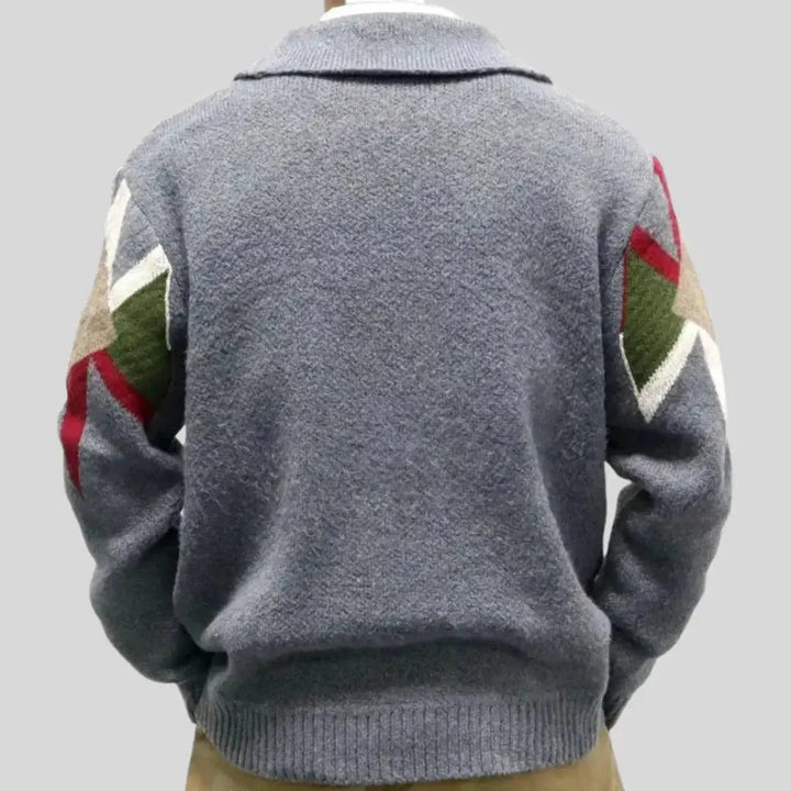 Men's grey geometric jacquard cardigan with shawl collar and button front