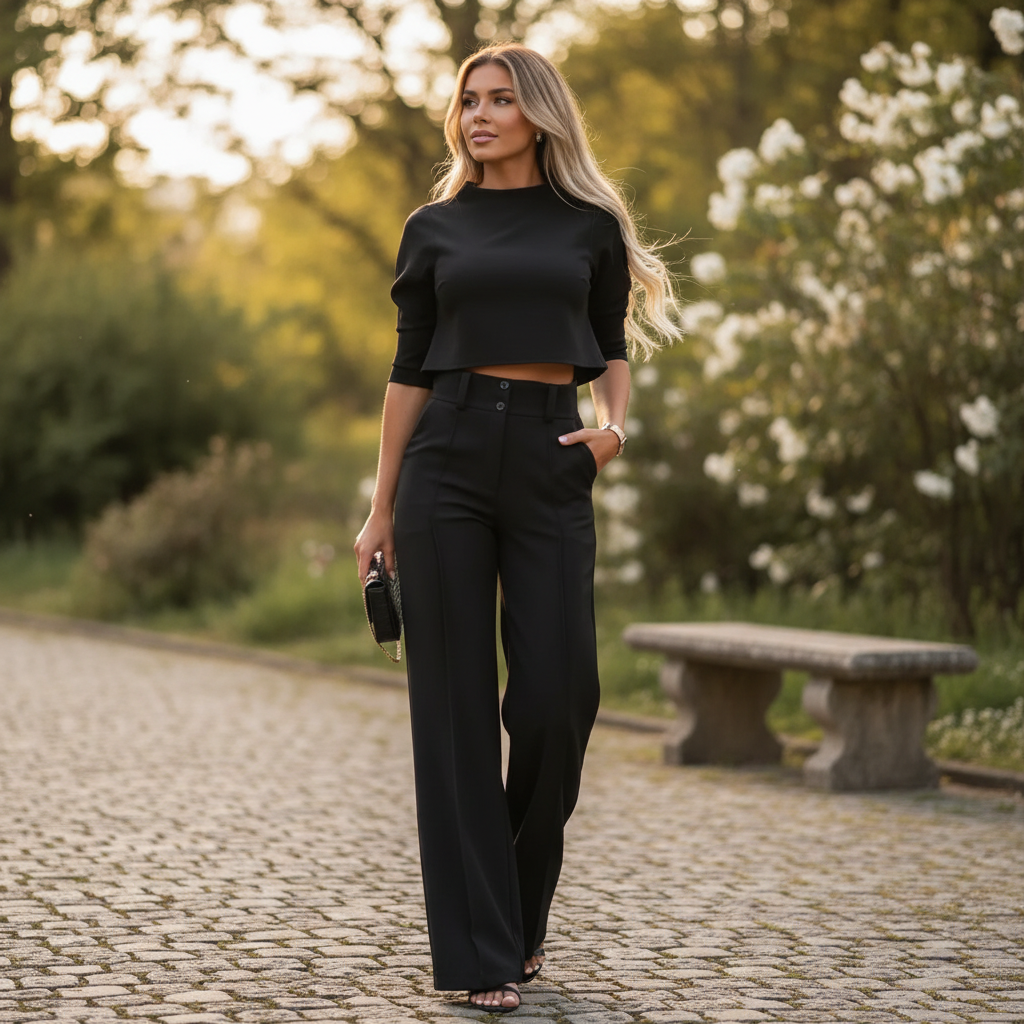 Women's high neck crop top and wide leg trouser set