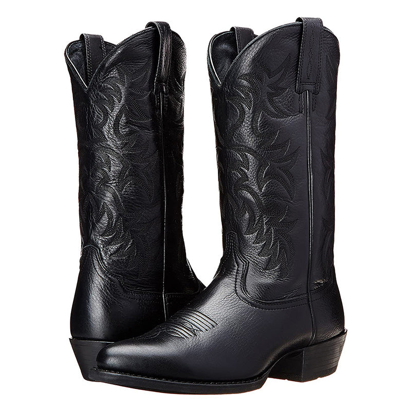 Embroidered western cowboy boots with pointed toes and low heels