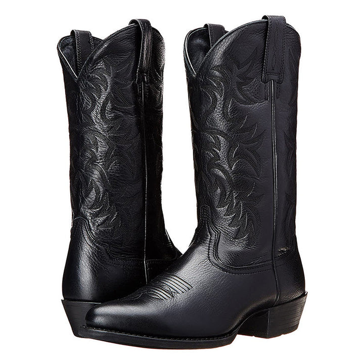 Embroidered western cowboy boots with pointed toes and low heels
