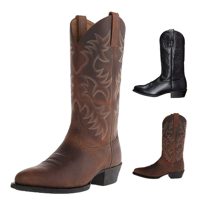 Embroidered western cowboy boots with pointed toes and low heels
