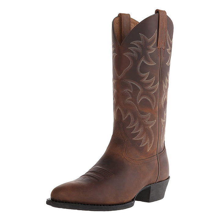Embroidered western cowboy boots with pointed toes and low heels