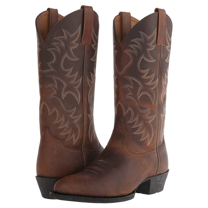 Embroidered western cowboy boots with pointed toes and low heels