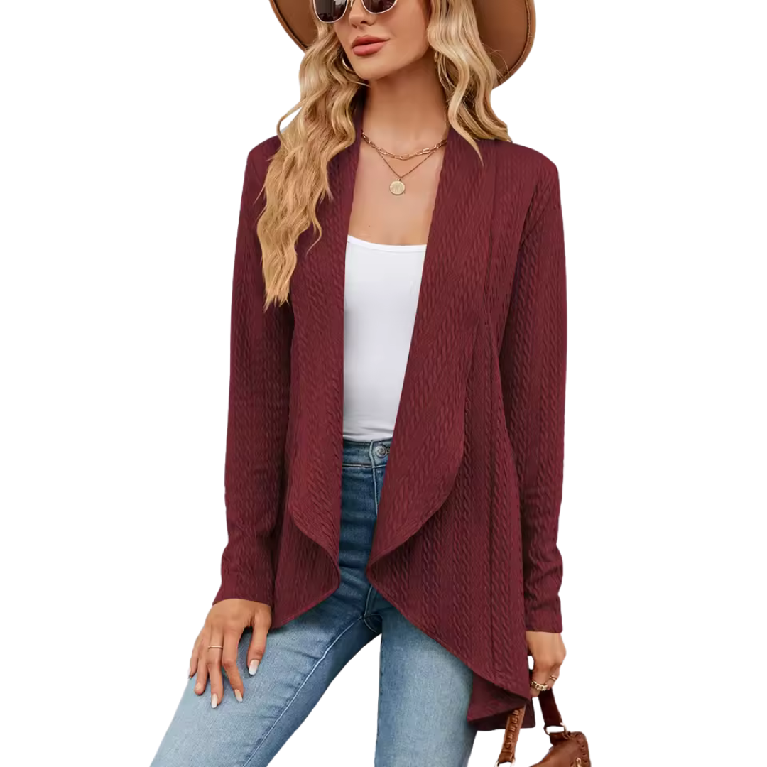 Women's textured open-front cardigan with long sleeves and draped hem