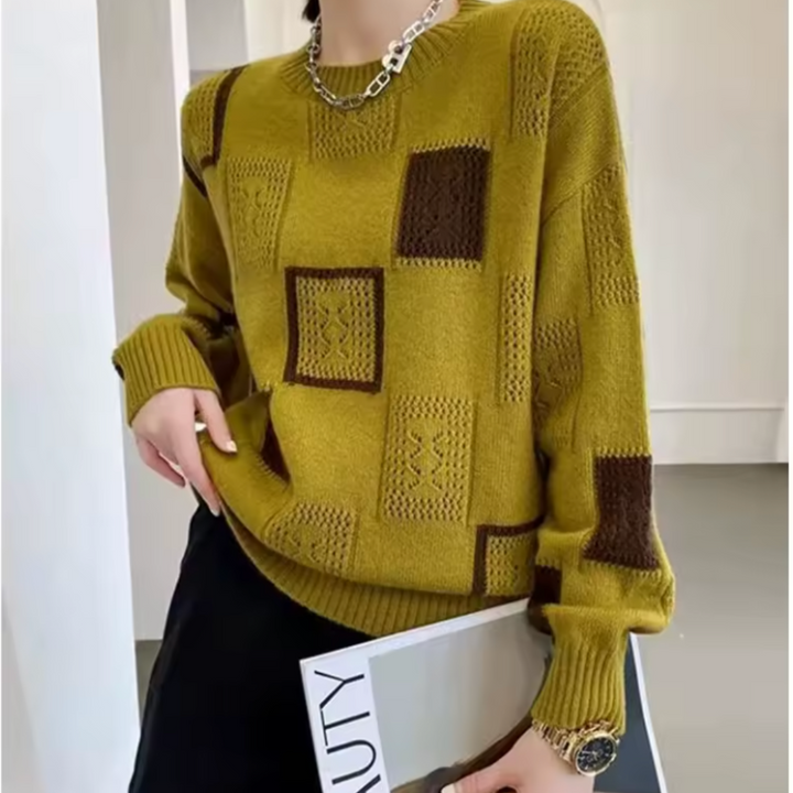 Women's patchwork crew-neck sweater with contrasting geometric panels