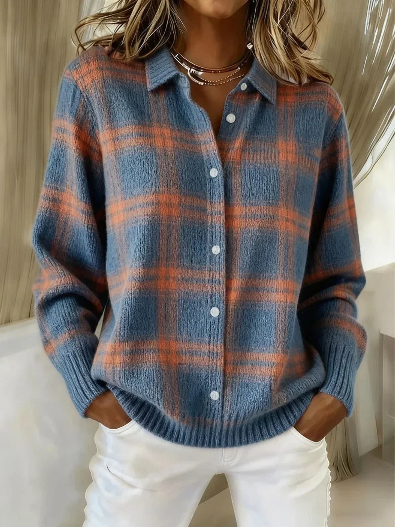 Women's checkered button-front cardigan with shirt collar