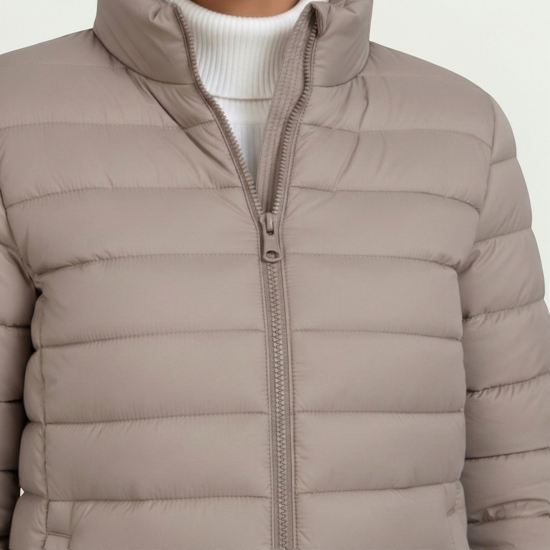 Women's quilted padded jacket with high collar and zip front