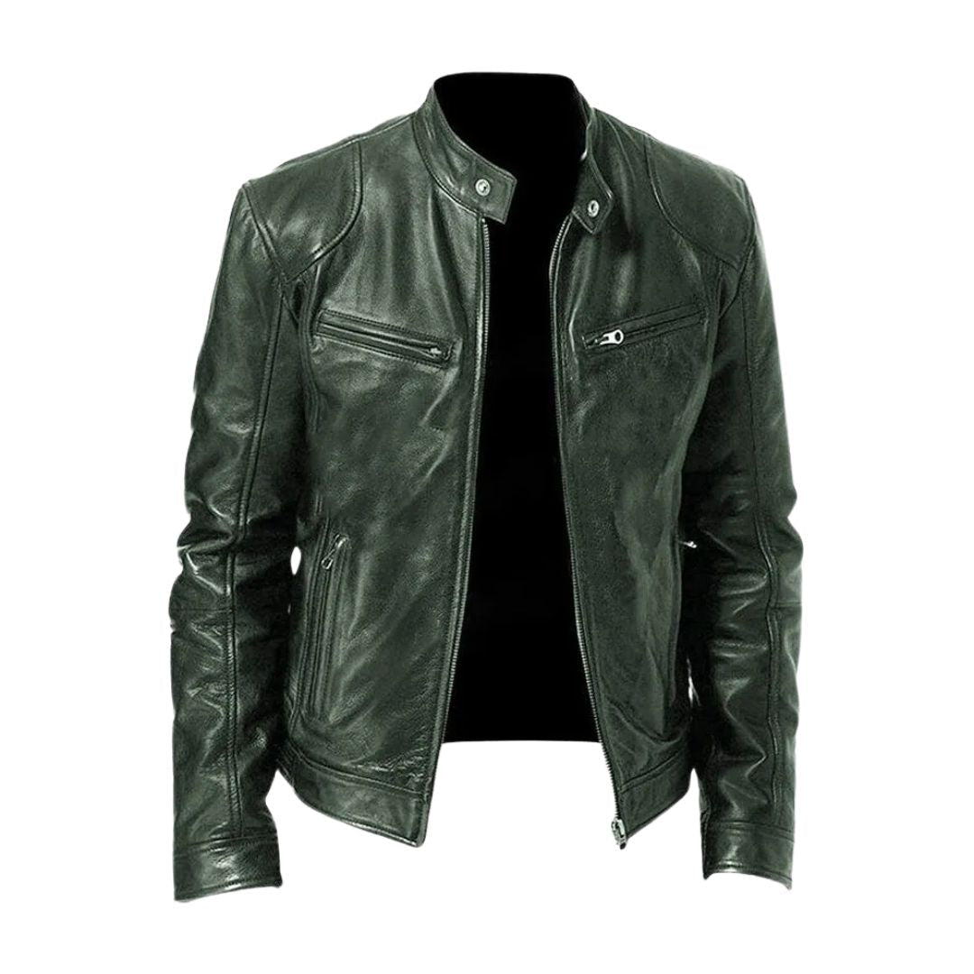 Unisex zip-front biker jacket with stand collar and multiple zipped pockets