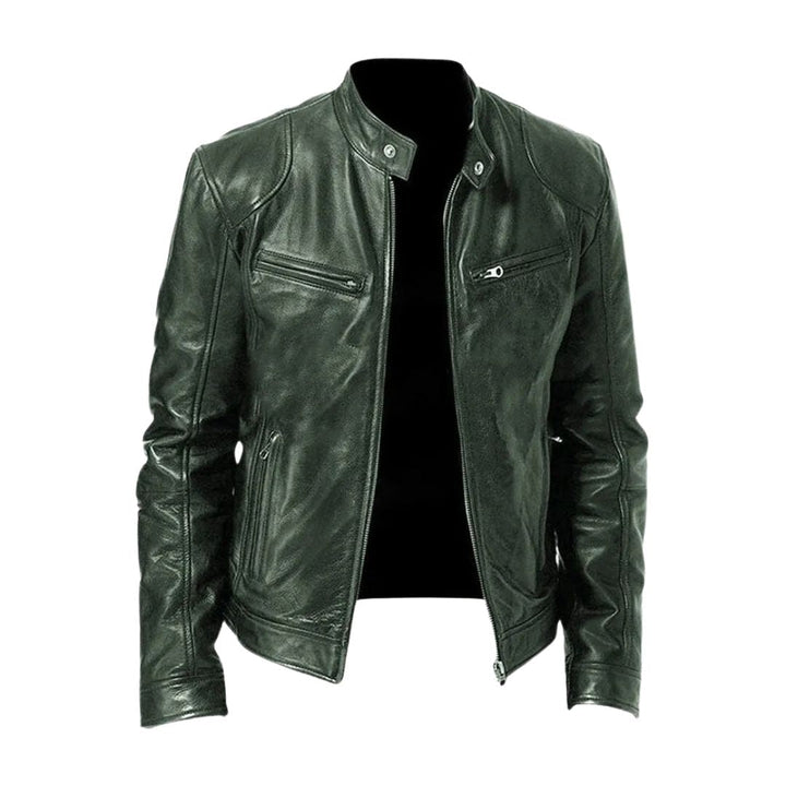 Unisex zip-front biker jacket with stand collar and multiple zipped pockets