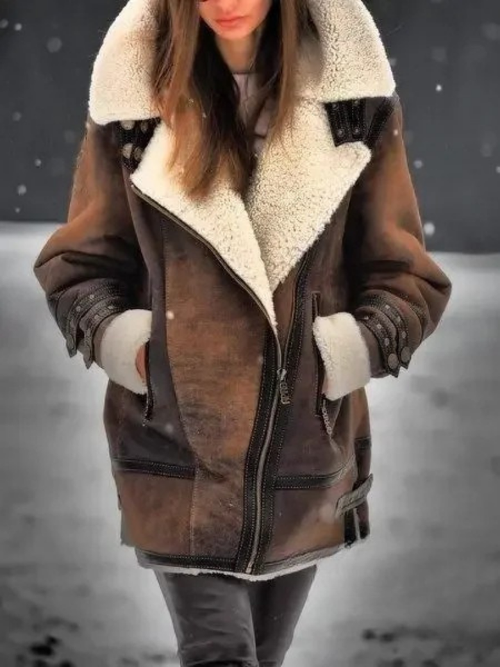 Women's hip-length shearling-lined jacket with wide collar and zip front