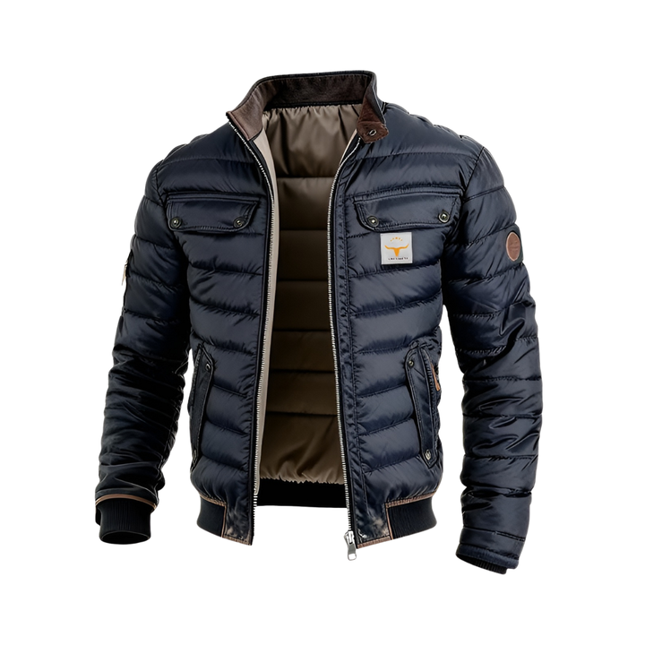Men's navy quilted jacket with stand collar, zip front and multiple pockets