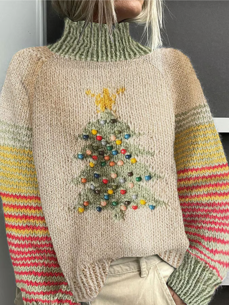 Women's cream Christmas tree sweater with striped sleeves