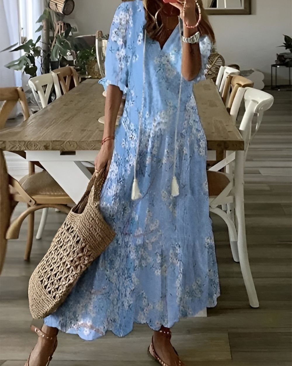 Boho Flowy Dress with Tassel Details in Blue (Almost Sold Out) - View 4 | Bellmere