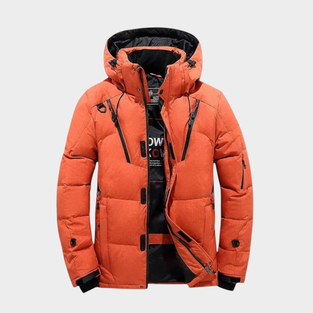 Men's hooded quilted winter jacket with zip front and multiple pockets