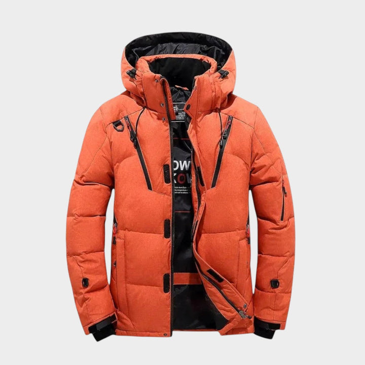 Men's hooded quilted winter jacket with zip front and multiple pockets