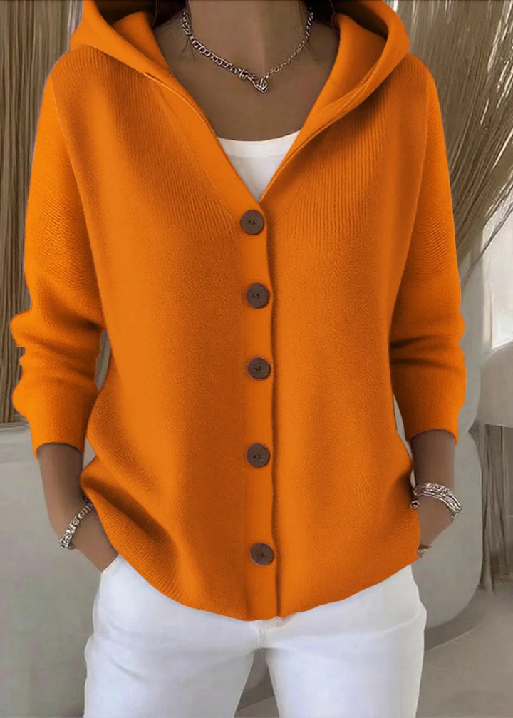 Women's hooded button-front cardigan with long sleeves and ribbed knit texture