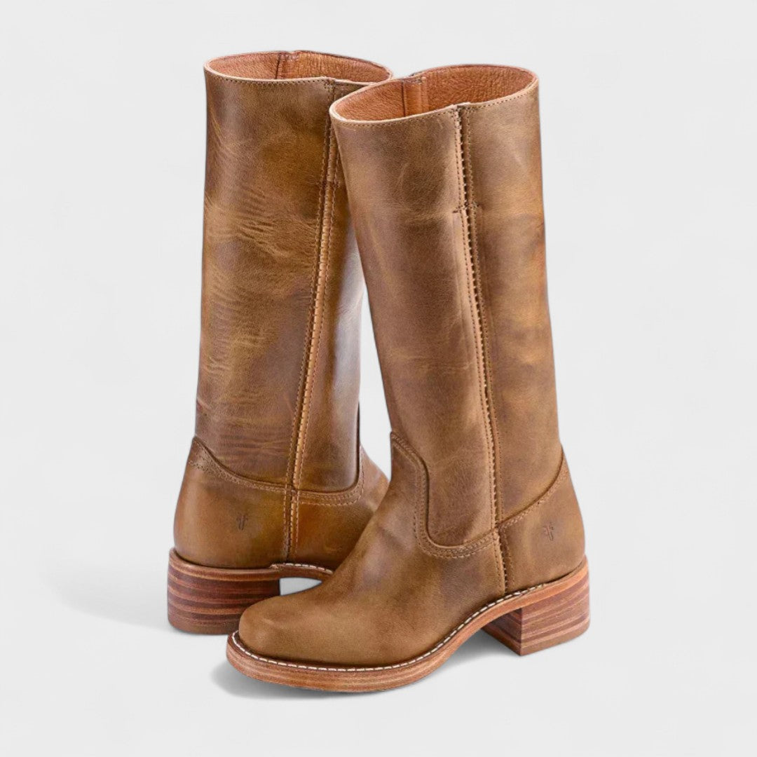 Women's knee-high classic cowboy boots with round toe and low block heel