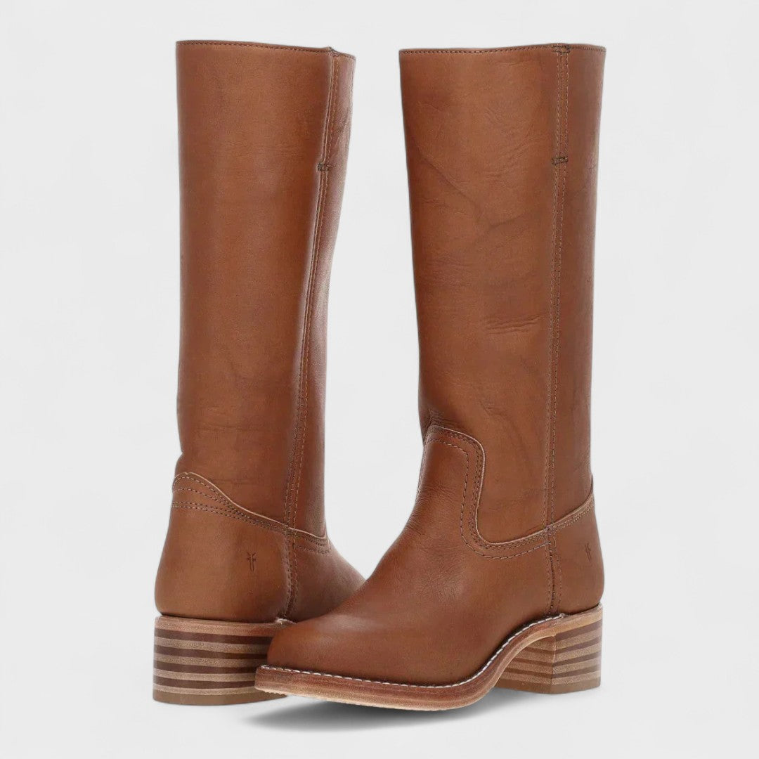 Women's knee-high classic cowboy boots with round toe and low block heel