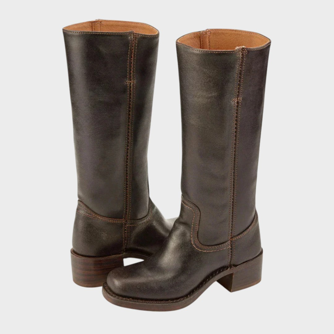Women's knee-high classic cowboy boots with round toe and low block heel