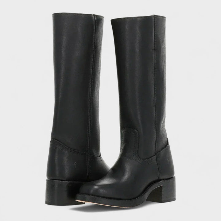 Women's knee-high classic cowboy boots with round toe and low block heel