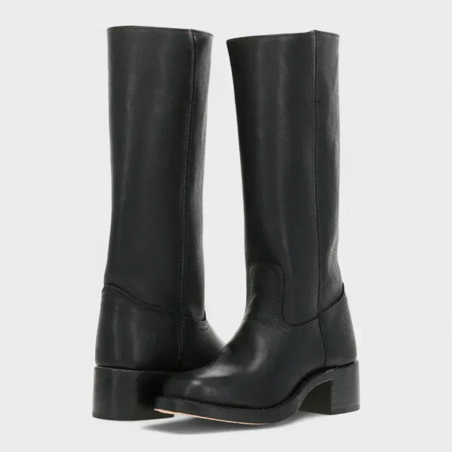 Women's tall retro riding boots with round toes and block heels