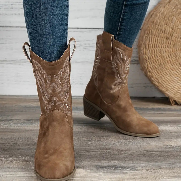 Women's brown cowboy boots with embroidered shafts and low block heels