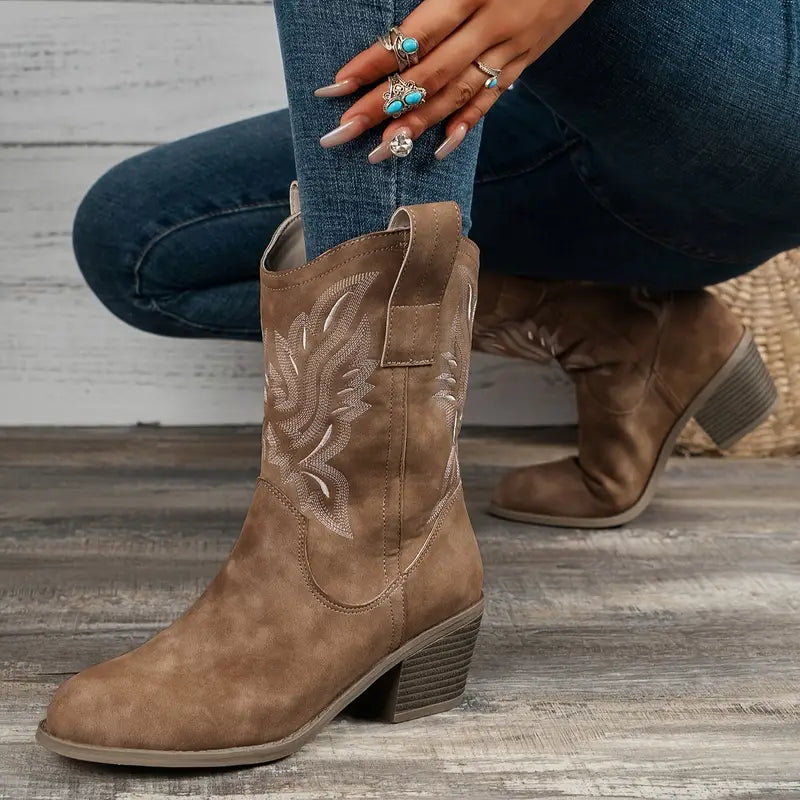 Women's brown cowboy boots with embroidered shafts and low block heels