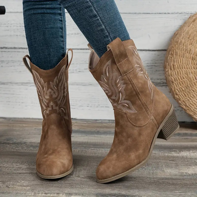 Women's brown cowboy boots with embroidered shafts and low block heels