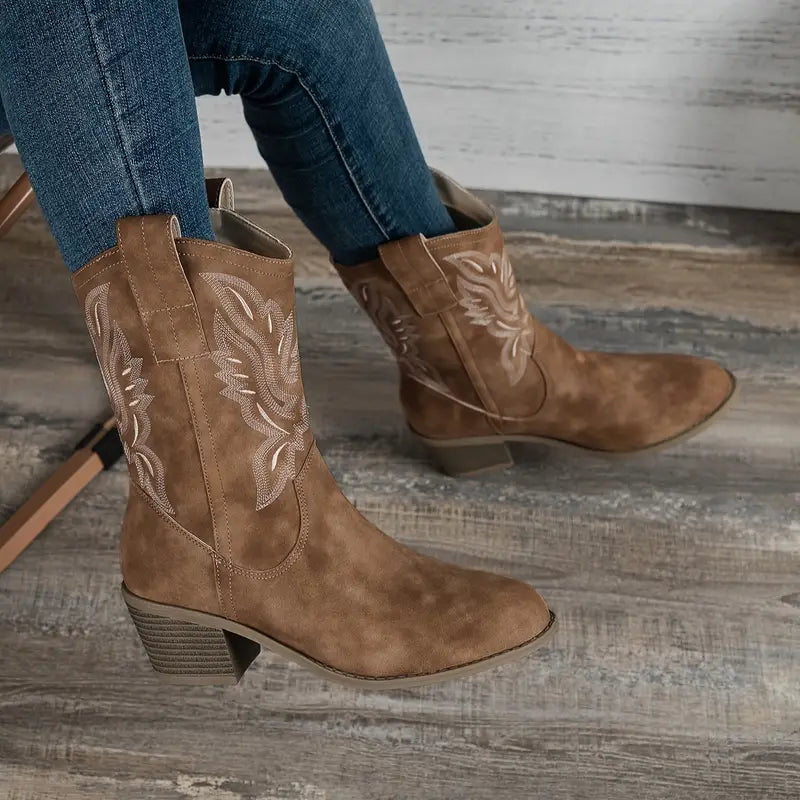 Women's brown cowboy boots with embroidered shafts and low block heels