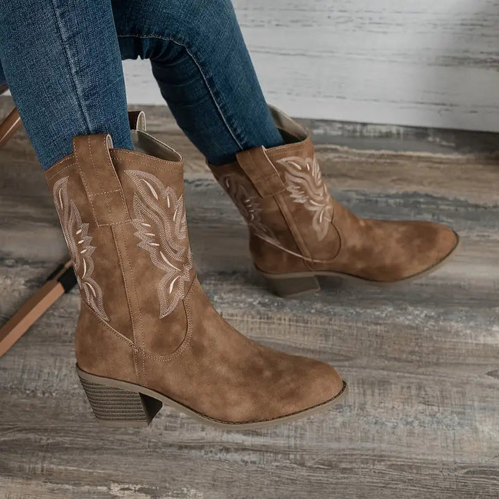 Women's brown cowboy boots with embroidered shafts and low block heels