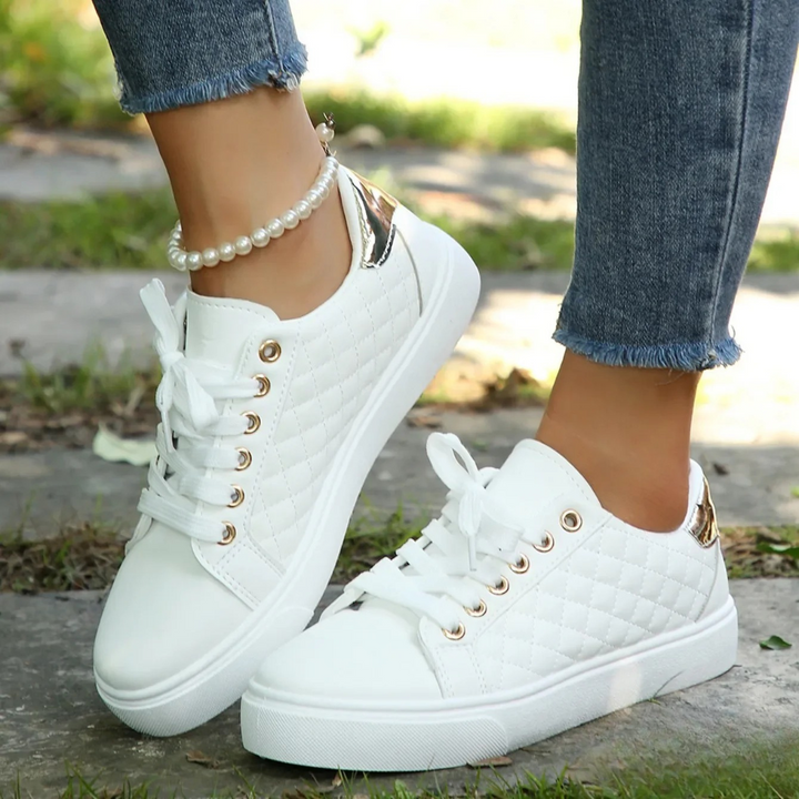 Quilted Lace-Up Sneakers for Women, Metallic Heel Trim
