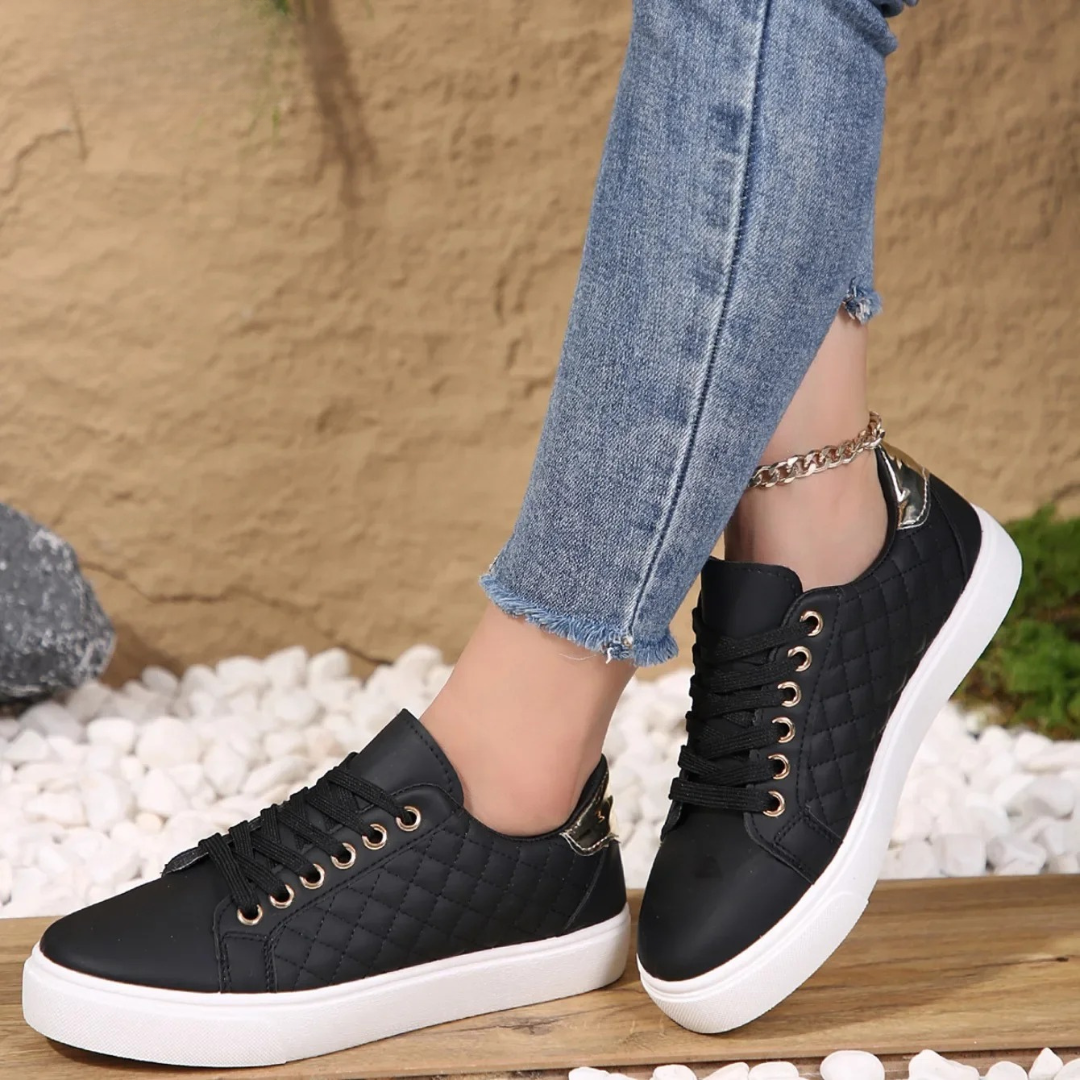 Quilted Lace-Up Sneakers for Women, Metallic Heel Trim