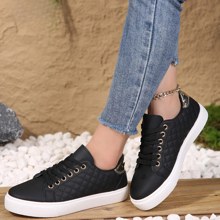 Quilted Lace-Up Sneakers for Women, Metallic Heel Trim